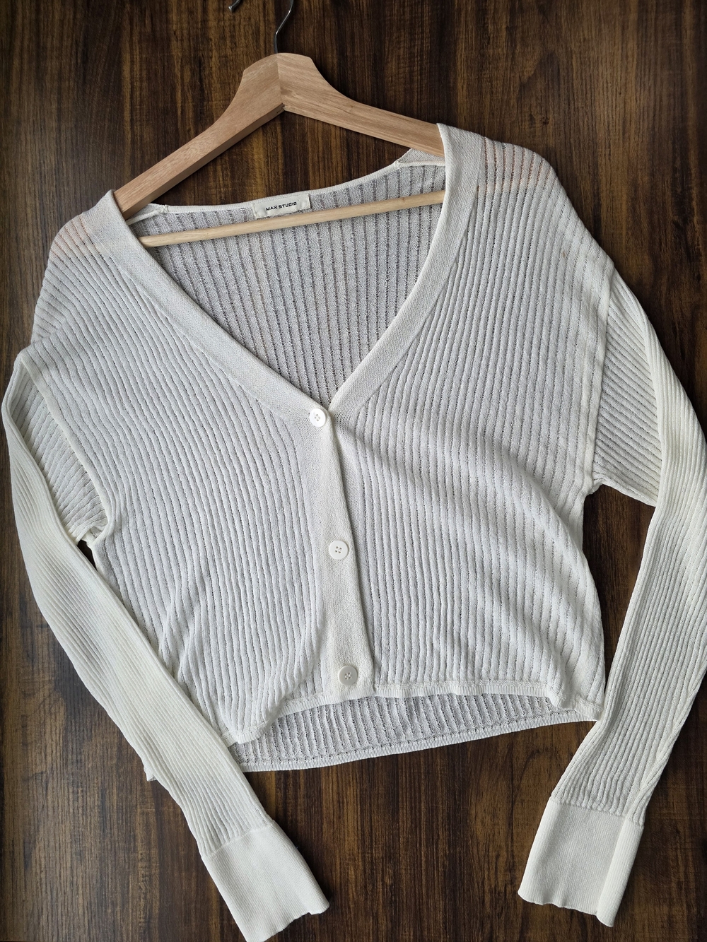 Max Studio Cream V-Neck Ribbed Button-Front Sweater - Picture 7 of 11